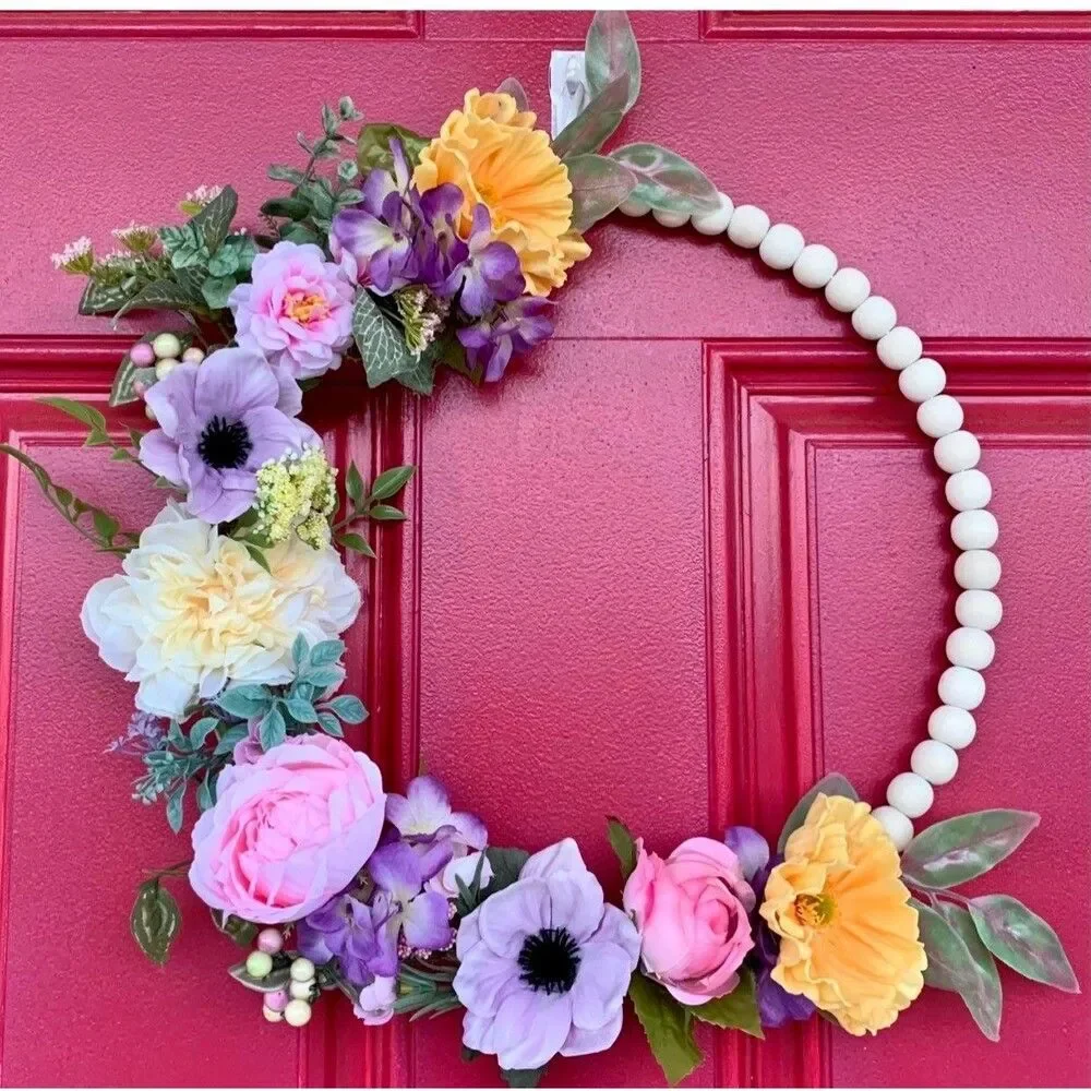 Floral Bead Hoop Wreath: Poppy, Anemone, Eucalyptus, Farmhouse Decor